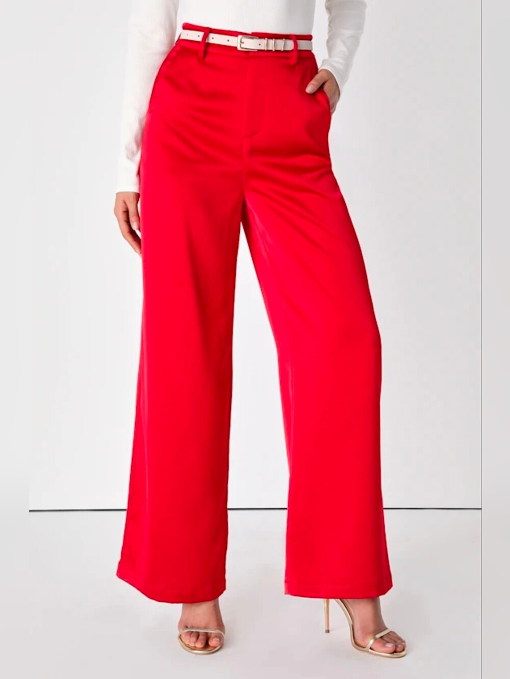Lulus Modern Approach Red Satin High-Waisted Wide-Leg Pants - Size Large - NWT!
